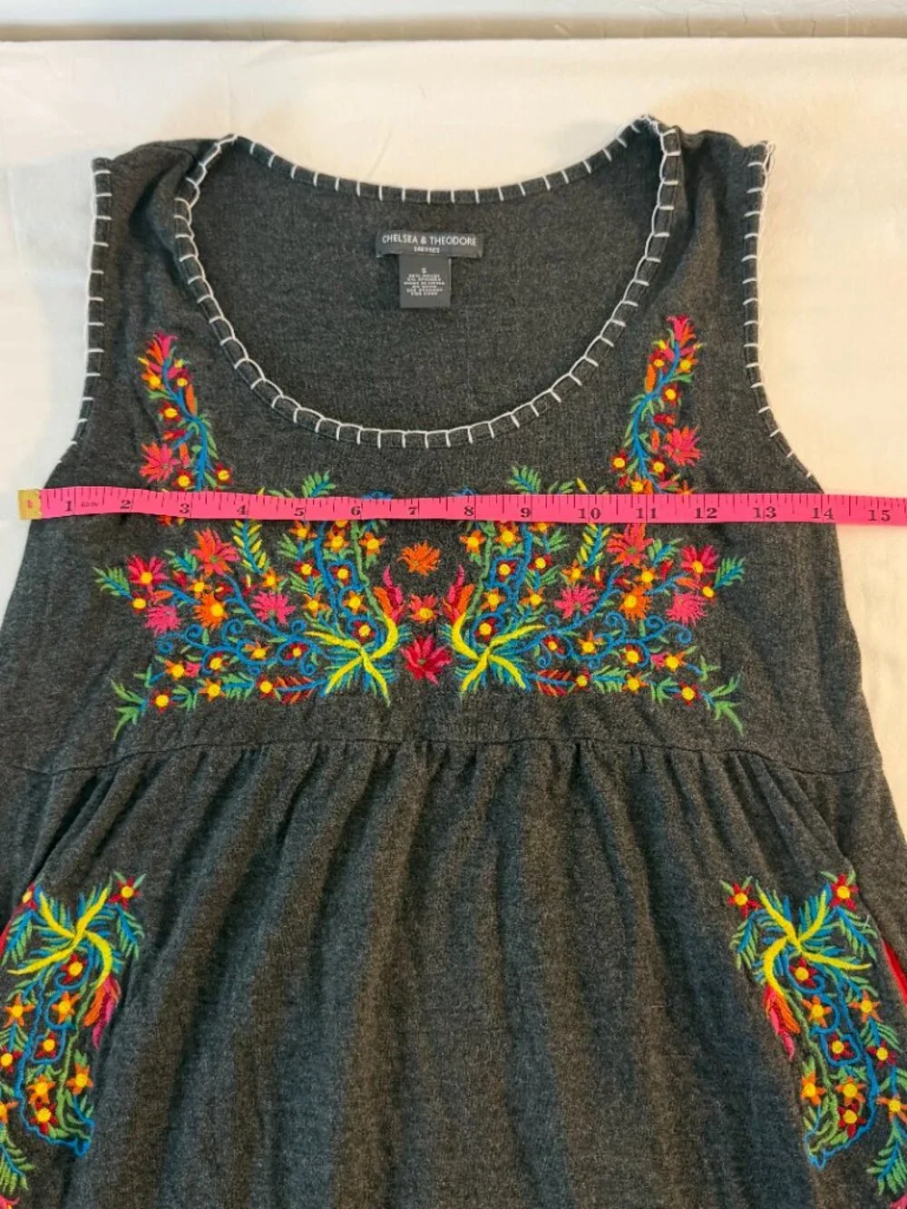 Chelsea & Theodore Embroidered Midi Dress Small Gray Floral Boho Sleeveless - Picture 8 of 9